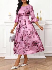 SHEIN Lady 女式优雅花卉印花荷叶边袖连衣裙，秋季 - 珊瑚粉 - 查看 5