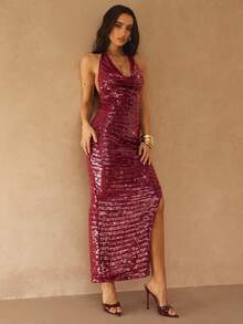 Silquee 女士深V领系带露背亮片设计侧开衩优雅收腰连衣裙，适合派对穿着 - 酒紅色 - 查看 5
