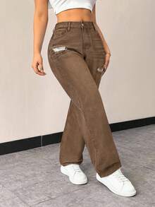 SHEIN Unity Plus Size Women's Fashion Versatile Distressed Washed Long Pants - Coffee Brown - View 4