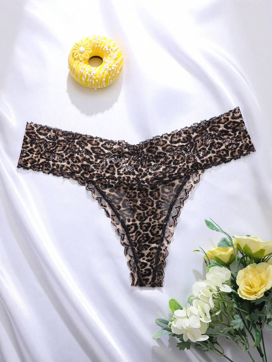 SHEIN Women Lace Leopard Print Seamless Briefs, Casual Fitted Underwear, Sexy - Multicolor - View 1