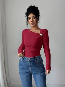 SHEIN Elenzya Burgundy Red Autumn Elegent Women's Solid Fleece Ribbed Oblique Collar Ruched Metal Button Long Sleeve T-Shirt,Slim Fit Casual Top For Dates & Office - Burgundy - View 6
