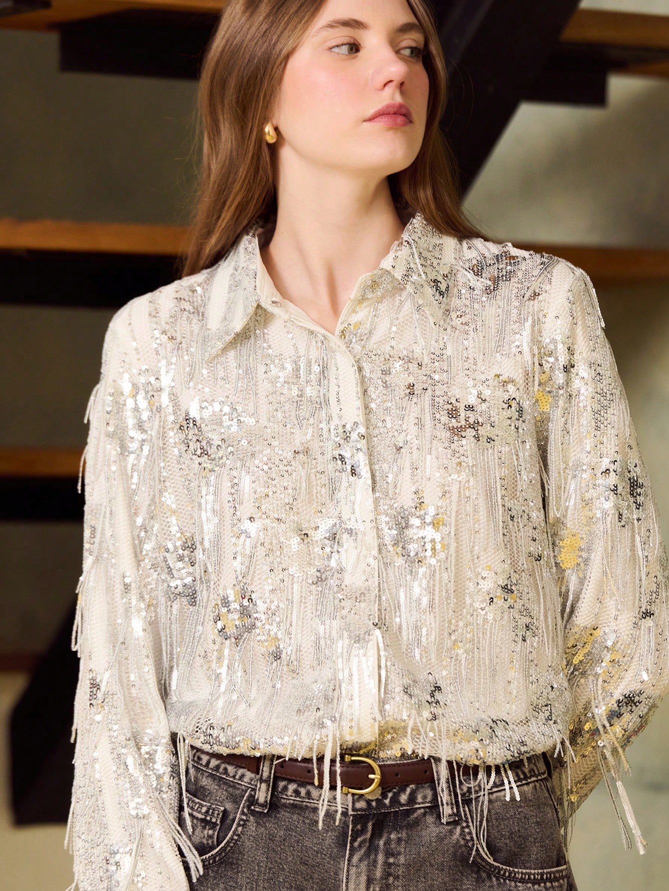 Silver Sequin Fringe Button-Up Shirt With Floral Embellishment Party Look Sequin Shirt Sequin Top Sparky Party Top French Style Parisian Style