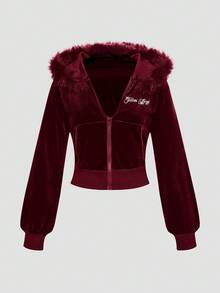 ROMWE Grunge Punk Y2K 丝绒水钻印花短款连帽衫和低腰喇叭裤两件套女装 - 酒紅色 - 查看 8