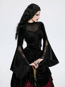 Breakform Áo croptop nữ phong cách Gothic gợi cảm, chất liệu nhung xuyên thấu, viền ren, cổ khoét, dây chun, nơ, tay chuông, điểm nhấn ren, dáng ôm – Áo kiểu ma cà rồng, áo đen, áo phù thủy, tay chuông. - màu đen - Xem 1