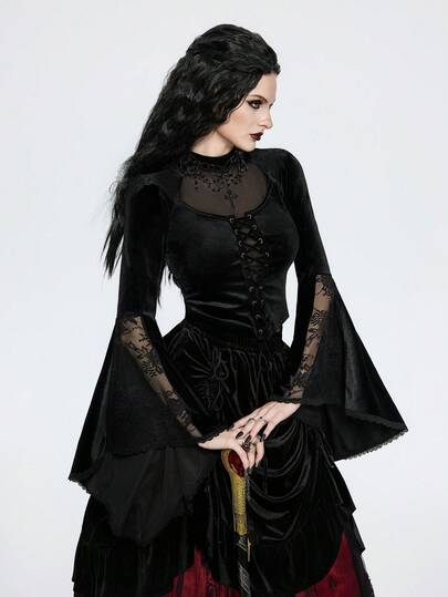 Breakform Women's Gothic Sexy Transparent Netted Lace-Trimmed Velvet With Cut-Out Neck, Elastic Cord, Bow Tie, Bell Sleeves, Lace Accents, Slim Fit Short Top – Vampire Top, Black Top, Witch Top, Bell Sleeves,