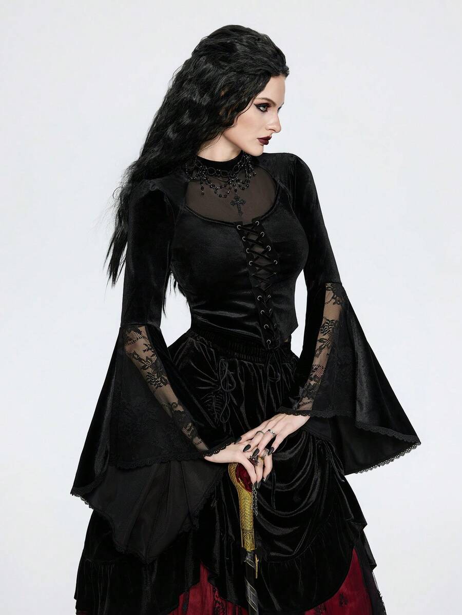 Breakform Áo croptop nữ phong cách Gothic gợi cảm, chất liệu nhung xuyên thấu, viền ren, cổ khoét, dây chun, nơ, tay chuông, điểm nhấn ren, dáng ôm – Áo kiểu ma cà rồng, áo đen, áo phù thủy, tay chuông. - màu đen - Xem 1