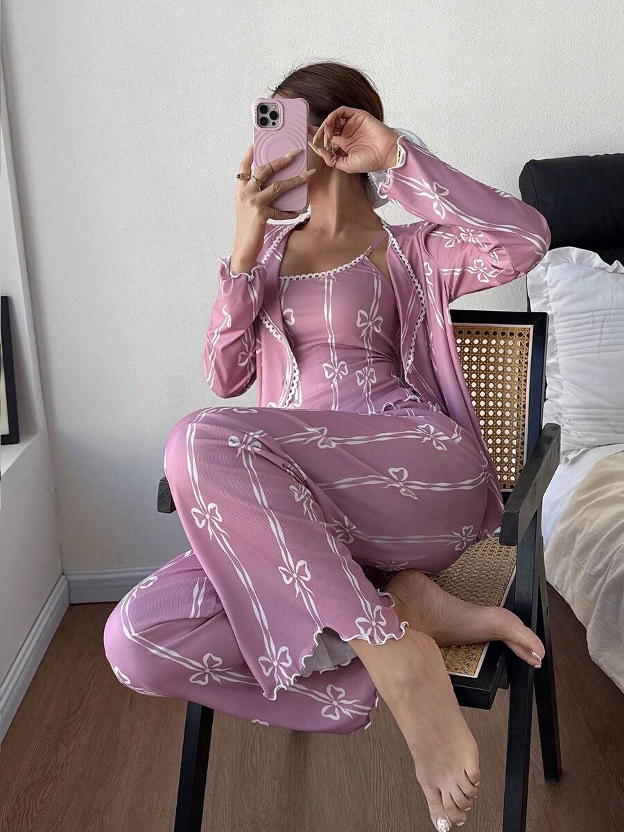 Dream Adore 3件套蕾丝边蝴蝶结印花长袖开衫和吊带背心搭配长裤睡衣套装 - 藕粉色 - 查看 1