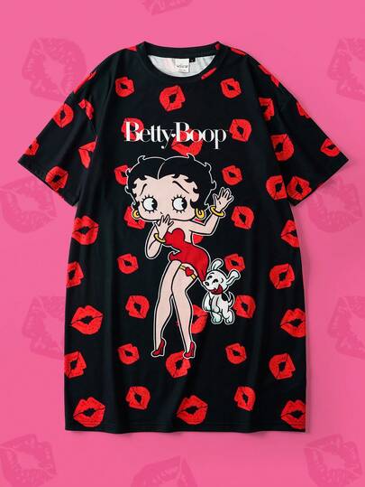 Betty Boop x SHEIN 女士休闲唇印人像图案圆领短袖睡衣连衣裙，夏季，Moo Moo 睡衣连衣裙卡通人物衬衫女士卡通衬衫宽松T恤
