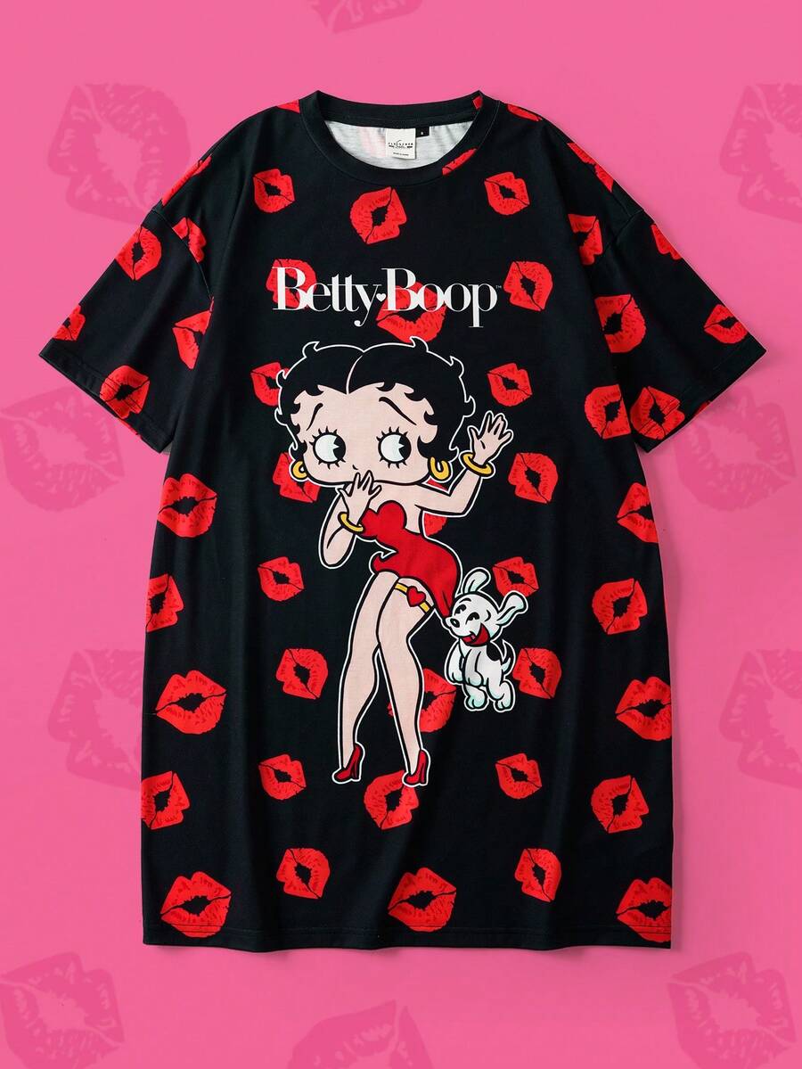 Betty Boop x SHEIN 女士休闲唇印人像图案圆领短袖睡衣连衣裙，夏季，Moo Moo 睡衣连衣裙卡通人物衬衫女士卡通衬衫宽松T恤 - 黑色 - 查看 1