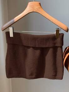 Comfortcana Women's Solid Color Knitted Ribbed Casual Versatile Sweater Skirt, Korean Style In Fall/Winter Brown Clothes Brown Skirt - Chocolate Brown - View 5
