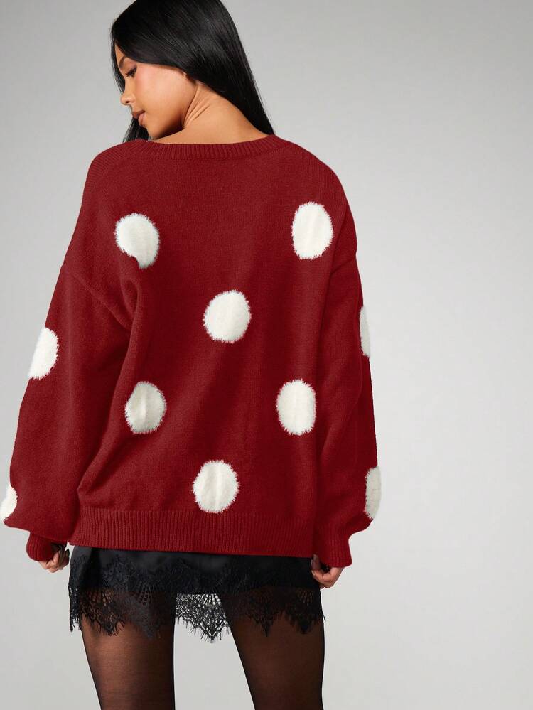MISSGUIDED Oversized Polka Dot Knitted Sweater With Fluffy White Dots Winter Holiday Christmas Jumper Pullover Long Sleeve Cozy Fall Fashion