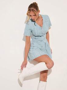 COSMINA Women's V-Neck Short Sleeve Single-Breasted Casual Denim Dress - Blue - View 4