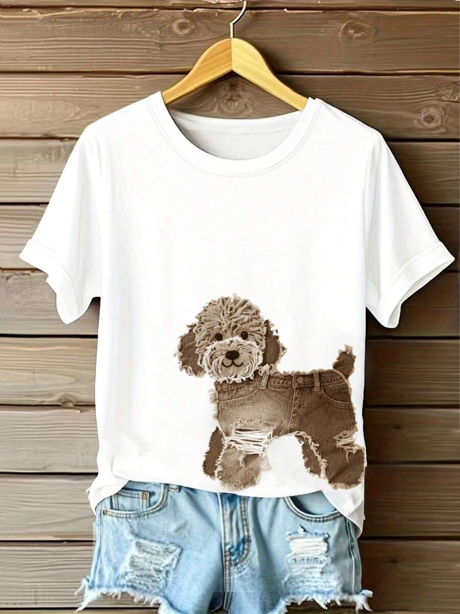 EMERY ROSE 女士卡通狗印花休闲宽松圆领短袖T恤 - 白色 - 查看 1