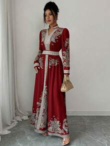 Rafferiza 复古印花V领灯笼袖荷叶边下摆连衣裙，适合度假和宫廷风格女性 - 酒紅色 - 查看 5