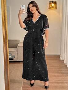 Vionelle Salopetă de damă cu mânecă scurtă, tricotată cu paiete și fermoar, mărime plus, toamnă/iarnă