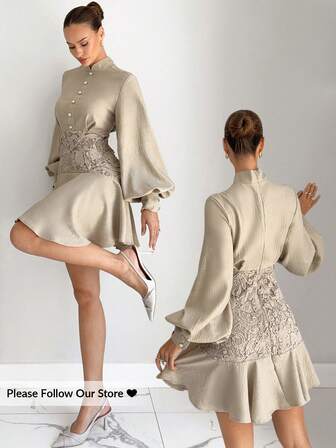 Siren Gaze Elegant miniklänning med kontrasterande spets och lanternärm för kvinnor, höst