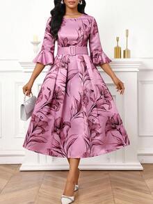 SHEIN Lady 女式优雅花卉印花荷叶边袖连衣裙，秋季 - 珊瑚粉 - 查看 4