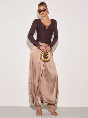 COSMINA Dambyxor med enfärgade, rynkade midjeband och vida ben, lösa harembyxor