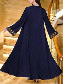 SHEIN Najma 女士金色皇冠数码印花时尚开衫长袖休闲阿拉伯长袍，春秋季 - 彩色 - 查看 2