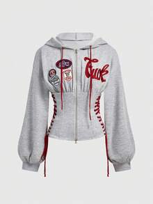 ROMWE Avant Women's Letter Embroidery Cinched Waist Contrast Color Sweatshirt - Light Grey - View 1