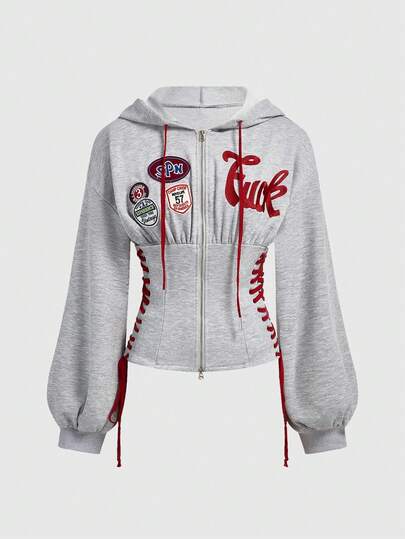 ROMWE Avant Damen Sweatshirt mit Buchstaben-Stickerei, geraffter Taille und Kontrastfarben