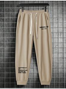 Manfinity Homme Quần nỉ cạp rút họa tiết khẩu hiệu rộng rãi dành cho nam - Màu Khaki - Xem 5