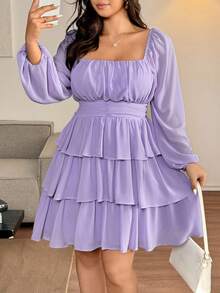 Vionelle 大码女装春秋冬法式浪漫西西里优雅休闲通勤度假下午茶派对纯色方领褶裥腰A字多层下摆弹力灯笼袖短蛋糕裙 - 淡紫色 - 查看 4