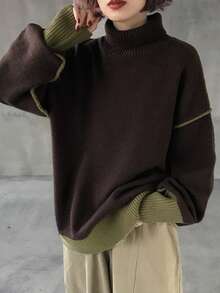 FRIFUL 休闲宽松简约百搭高领长袖女式毛衣 - 棕色 - 查看 6