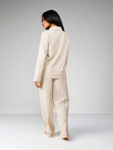 MISSGUIDED Striped Button Up Pajama Set Long Sleeve Shirt With Matching Full Length Pants Relaxed Fit Lounge Co-Ord Set Classic Vertical Stripes Sleepwear - Yellow - View 2
