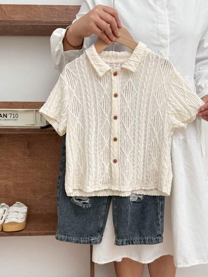 Kids/Young Boy Casual Everyday Comfortable Turndown Collar Button Front Loose Knit Short Sleeve Shirt, Suitable For School, Garden, Beach, Birthday, Spring, Summer, Fall, Winter