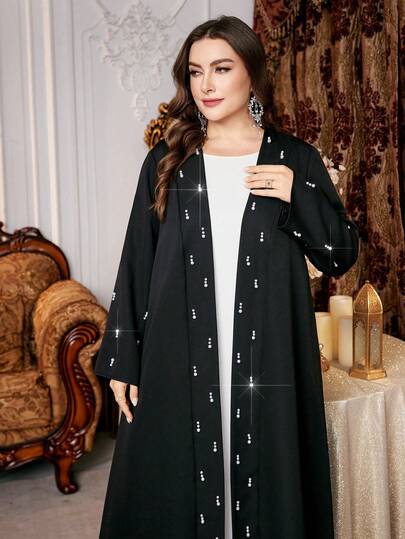 Al Najma 大码女式纯色长袖仿珍珠装饰宽松阿拉伯长袍