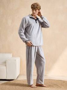 Manfinity Underwear&Sleepwear Basics Plus Size Men's Pajama Set, Stand Collar Button, Flannel, Elastic Waist, No Pockets - Grey - View 4