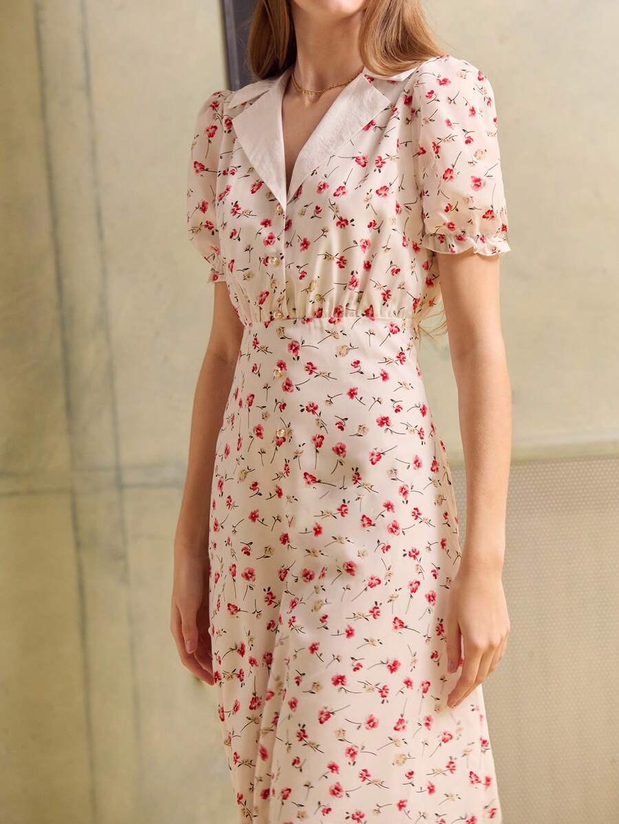 lacRébo 白色复古碎花纽扣前开襟中长连衣裙，泡泡袖翻领 - 白色 - 查看 1