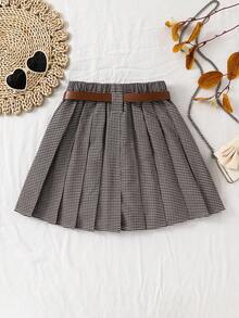 SHEIN 少女复古格子百褶裙，配腰带，格子裙，学生制服裙，棕色格子裙，秋冬款