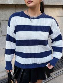 Muchica Plus Size Casual Colorblock Striped Sweater, Autumn/Winter