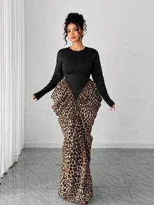 Elenzga Vestido elegante de fiesta de talla grande para mujer con cuello redondo, manga larga, unicolor y estampado de leopardo en el bajo - Negro - Ver 6