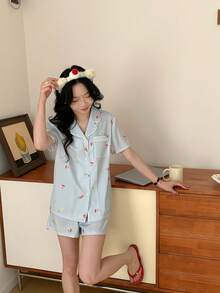 Women's Funny Print Classic Striped Open Front Patchwork Trim Comfortable Casual Short Sleeve Shorts 2 Pieces Pajama Set Pajama Short Sets For Women Summer Pajamas Teen Short Pajamas Cute Pj Set Summer Pajama Set Teen - Blue - View 7