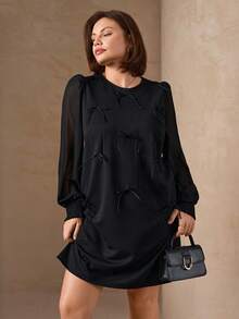 Chikora Women's Casual Solid Color Round Neck Long Sleeve Plus Size Dress Black Bow Dress Black Elegant Dress Plus Size Black Dress Black Long Sleeve Dress Winter Clothes For Women  Christmas Outfit For Women   New Year Clothes New Year's Outfit For Women  Bow Dress, Little Black Dress, A-Line Skirt Long Sleeve Elegant Dress Black Shift Dress Bow Detail Short Dress - Black - View 6