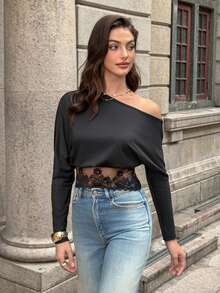 Firerie Damen elegantes, minimalistisches, täglich raffiniertes, romantisches, vielseitiges Modell, Spitzen-Splice Langarm Schwarz T-Shirt Top - Schwarz - Übersicht 4