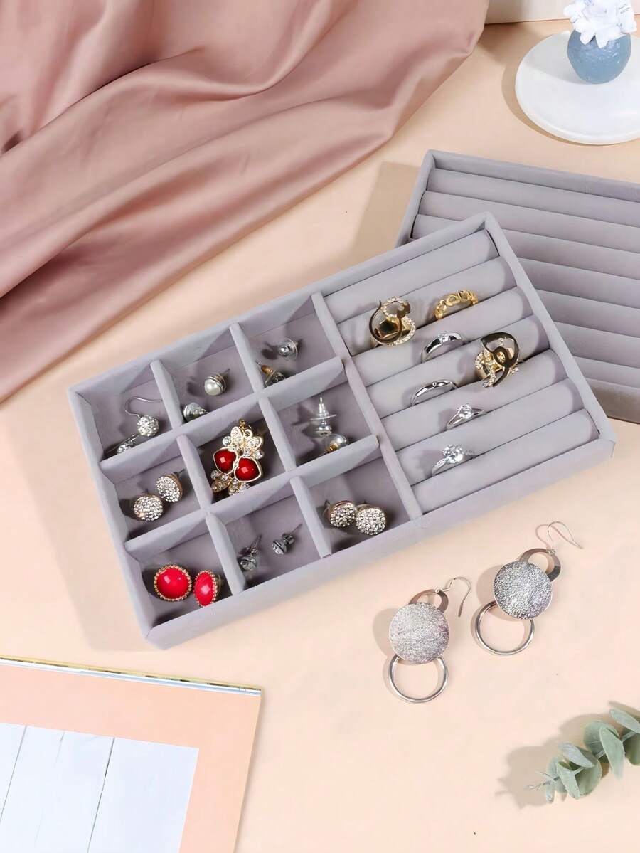 Khay trưng bày trang sức nhung 6 trong 1, hộp đựng trang sức lớn có nhiều ngăn riêng biệt, giá đỡ nhiều ngăn đựng khuyên tai, nhẫn, dây chuyền, vòng tay, khay ngăn kéo xếp chồng lên nhau dành cho nữ, ý tưởng quà tặng, lưu trữ khi đi du lịch, phong cách tối giản - Xám - Xem 1