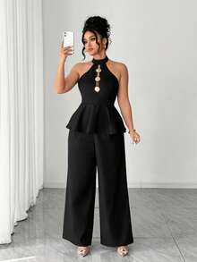 Elenzga Elegant Black Sleeveless Halterneck Plus Size Jumpsuit With Stand Collar And Shell Button Details Perfect Classy Co Ord Set - Black - View 5