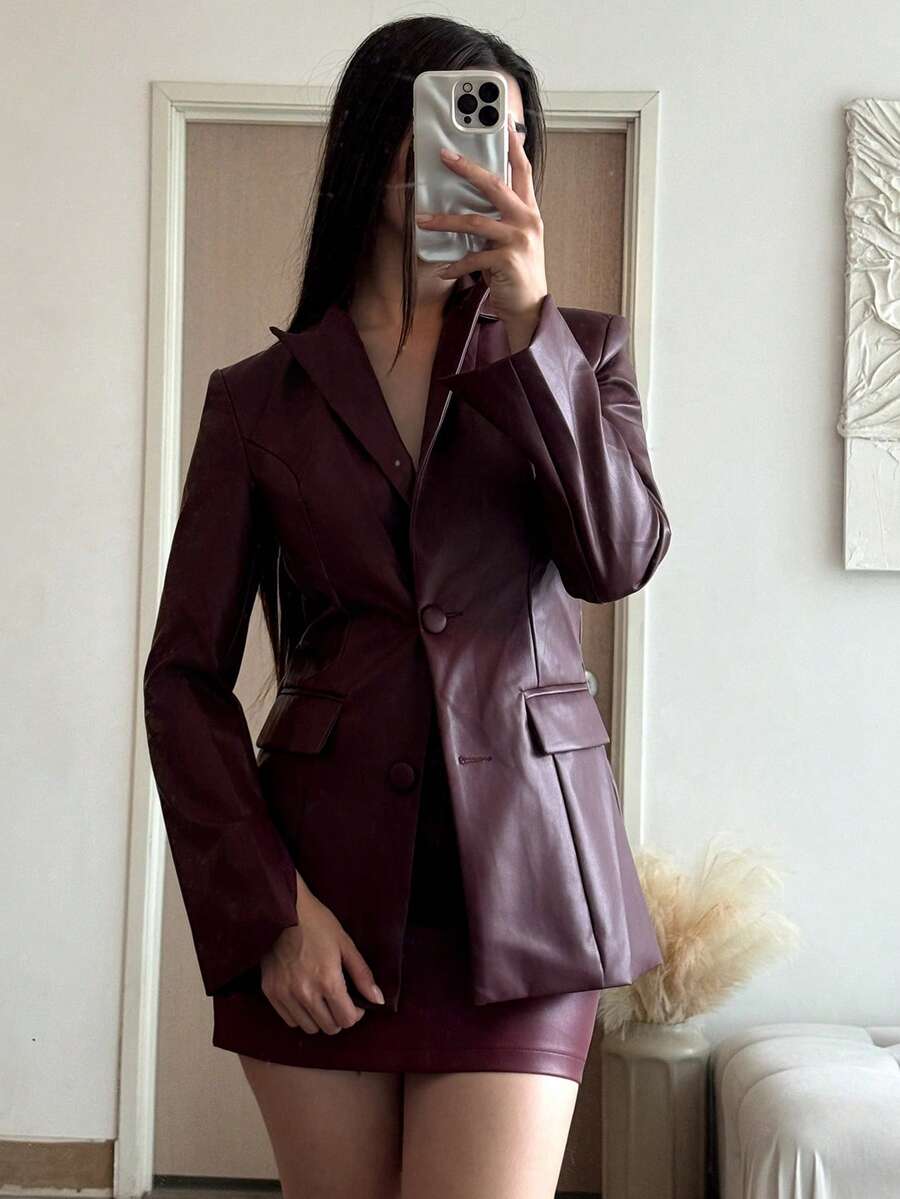 Andrea Bello 女士复古勃艮第皮革 PU 束腰西装外套,适合办公室女士、美人鱼、万圣节、感恩节、圣诞节服装,秋冬 - 酒紅色 - 查看 1