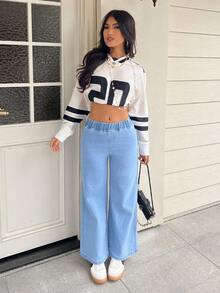 SHEIN PETITE 女士浅蓝色弹力腰直筒宽松休闲百搭牛仔裤 - 藍色 - 查看 8