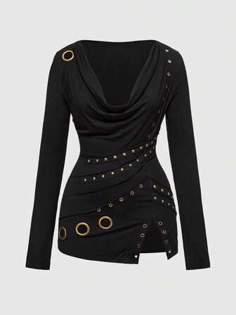 Grunge Punk Vintage Punk Metall Ösen Design Tiefer Ausschnitt Schlitz Saum Figurbetontes Langarm T-Shirt, Damen Große Größen