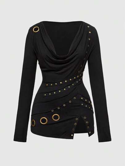 Grunge Punk Camiseta de manga larga ajustada con cuello en pico, diseño de ojetes vintage punk y bajo con abertura, talla grande para mujer