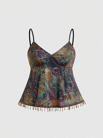 Débardeur à imprimé rétro de motif cachemire hippie avec gland, débardeur vintage et top de grande taille
