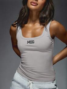 MISSGUIDED Ribbed Tank Top With Square Neck Sleeveless Basic Athletic Slim Fit Cami Logo Vest Undershirt Casual Summer Spring Layering