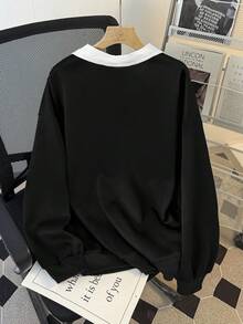 SHEIN Clasi Sudadera holgada con estampado de letras y contraste de color para talla grande - Negro - Ver 2
