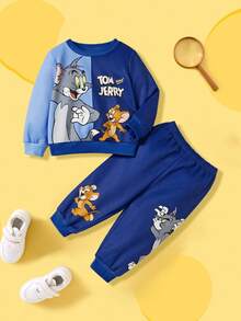TOM & JERRY X SHEIN 2pcs Baby Boy Cartoon Animal Cat & Mouse Print Patchwork Sweatshirt And Sweatpants Set, Casual Sports Style, Suitable For Spring, Autumn And Winter Fall