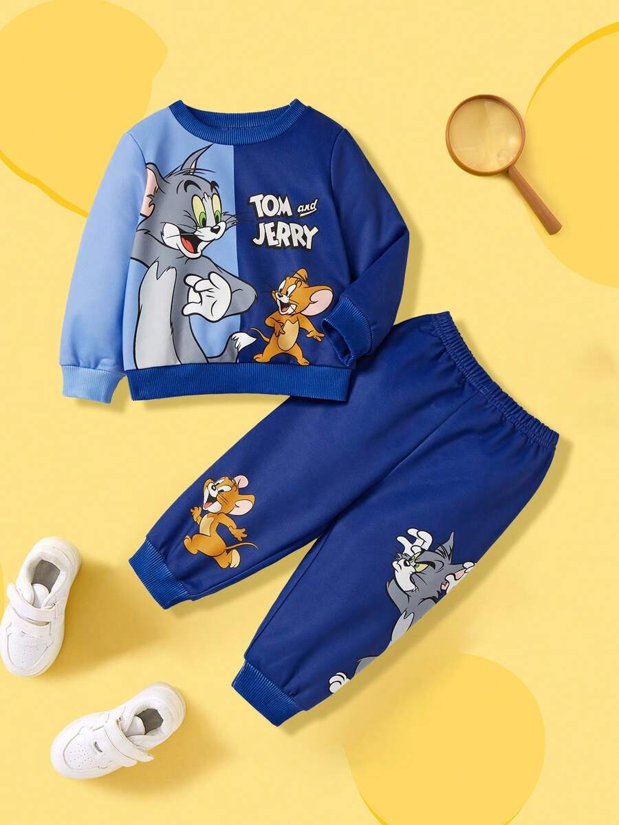 TOM & JERRY X SHEIN 2pcs Baby Boy Cartoon Animal Cat & Mouse Print Patchwork Sweatshirt And Sweatpants Set, Casual Sports Style, Suitable For Spring, Autumn And Winter Fall
